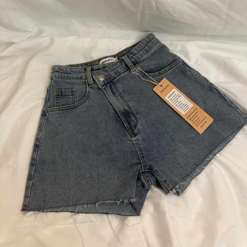 Bershka Blue Jean Shorts High-Waisted Raw Hem